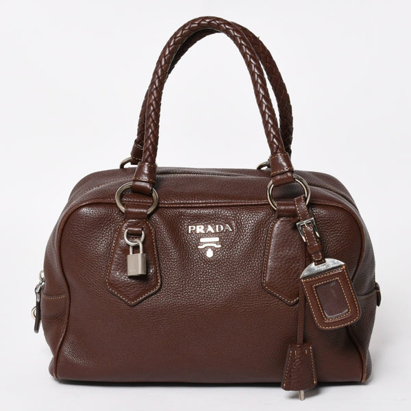 PRADA プラダ イントレチャート レザーミニボストンバッグ ブラウン イタリア シボ革レザー メタルロゴ ハンドバッグ シルバー金具 美品 中古 4a004501
