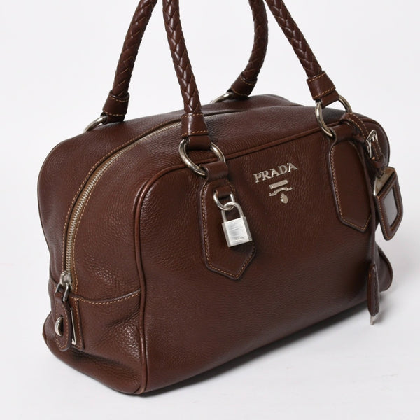 PRADA プラダ イントレチャート レザーミニボストンバッグ ブラウン イタリア シボ革レザー メタルロゴ ハンドバッグ シルバー金具 美品 中古 4a004501