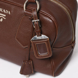 PRADA プラダ イントレチャート レザーミニボストンバッグ ブラウン イタリア シボ革レザー メタルロゴ ハンドバッグ シルバー金具 美品 中古 4a004501