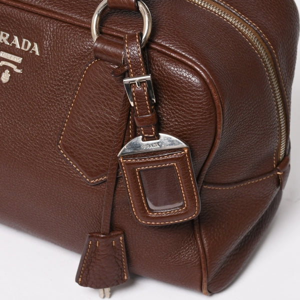 PRADA プラダ イントレチャート レザーミニボストンバッグ ブラウン イタリア シボ革レザー メタルロゴ ハンドバッグ シルバー金具 美品 中古 4a004501