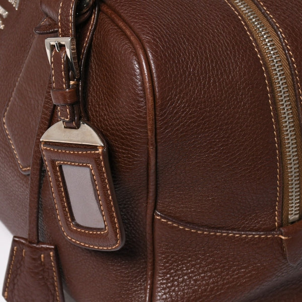 PRADA プラダ イントレチャート レザーミニボストンバッグ ブラウン イタリア シボ革レザー メタルロゴ ハンドバッグ シルバー金具 美品 中古 4a004501