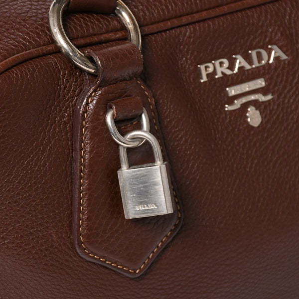 PRADA プラダ イントレチャート レザーミニボストンバッグ ブラウン イタリア シボ革レザー メタルロゴ ハンドバッグ シルバー金具 美品 中古 4a004501