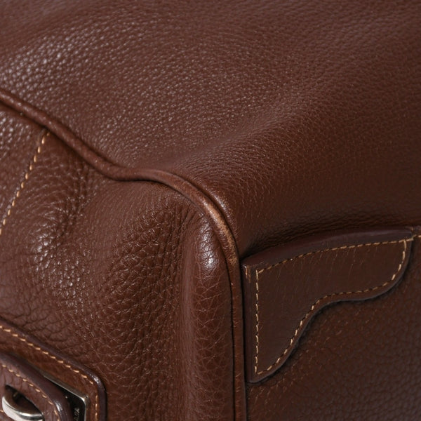PRADA プラダ イントレチャート レザーミニボストンバッグ ブラウン イタリア シボ革レザー メタルロゴ ハンドバッグ シルバー金具 美品 中古 4a004501