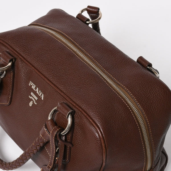 PRADA プラダ イントレチャート レザーミニボストンバッグ ブラウン イタリア シボ革レザー メタルロゴ ハンドバッグ シルバー金具 美品 中古 4a004501