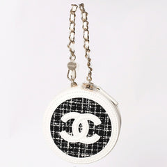 Like new CHANEL round chain pouch here mark random number black white tweed leather silver hardware used 4a004469