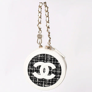 Like new CHANEL round chain pouch here mark random number black white tweed leather silver hardware used 4a004469