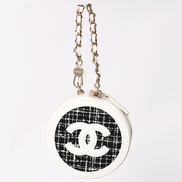 Like new CHANEL round chain pouch here mark random number black white tweed leather silver hardware used 4a004469
