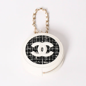 Like new CHANEL round chain pouch here mark random number black white tweed leather silver hardware used 4a004469