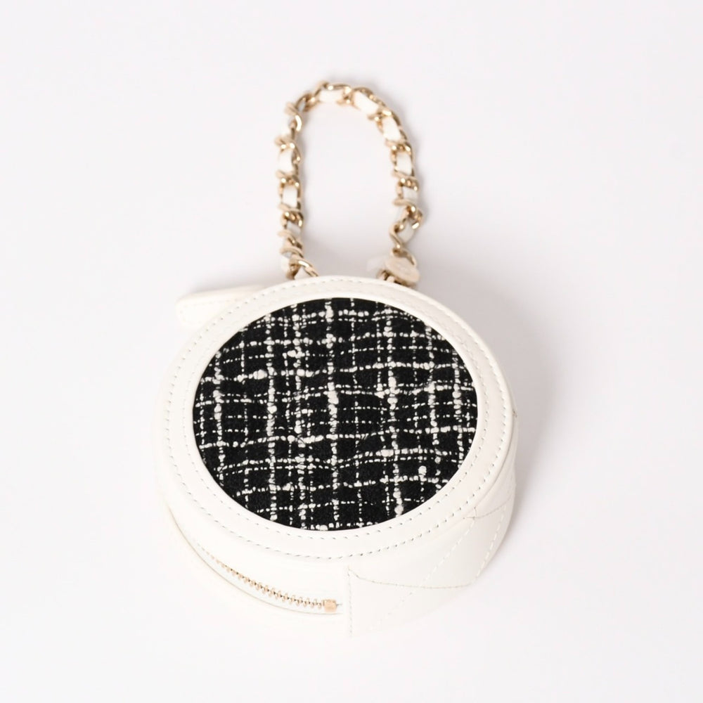 Like new CHANEL round chain pouch here mark random number black white tweed leather silver hardware used 4a004469