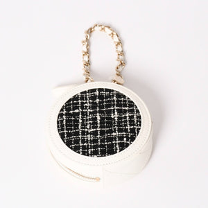 Like new CHANEL round chain pouch here mark random number black white tweed leather silver hardware used 4a004469