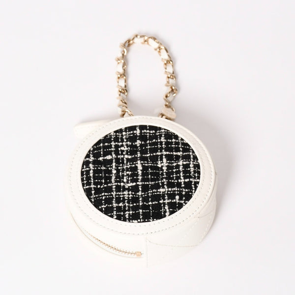 Like new CHANEL round chain pouch here mark random number black white tweed leather silver hardware used 4a004469