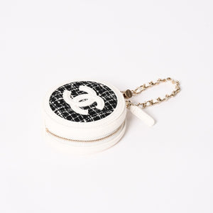 Like new CHANEL round chain pouch here mark random number black white tweed leather silver hardware used 4a004469