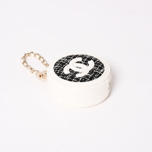 Like new CHANEL round chain pouch here mark random number black white tweed leather silver hardware used 4a004469