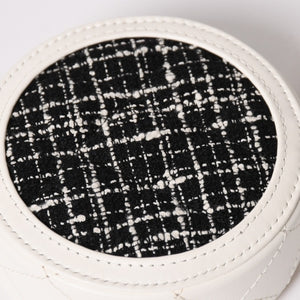 Like new CHANEL round chain pouch here mark random number black white tweed leather silver hardware used 4a004469