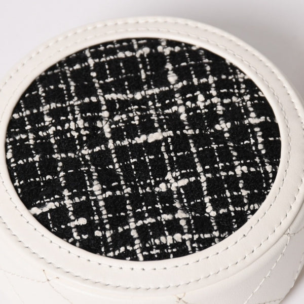 Like new CHANEL round chain pouch here mark random number black white tweed leather silver hardware used 4a004469