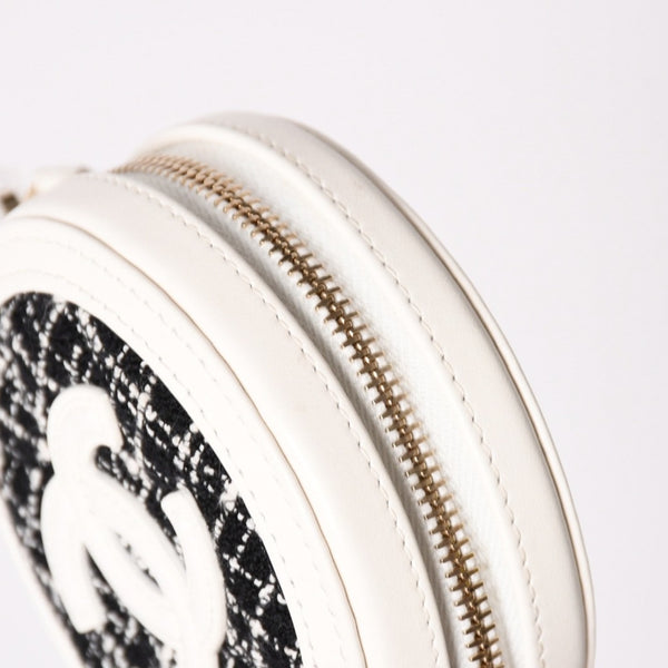 Like new CHANEL round chain pouch here mark random number black white tweed leather silver hardware used 4a004469