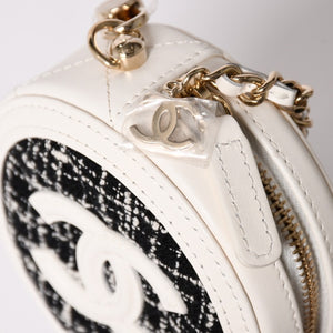 Like new CHANEL round chain pouch here mark random number black white tweed leather silver hardware used 4a004469