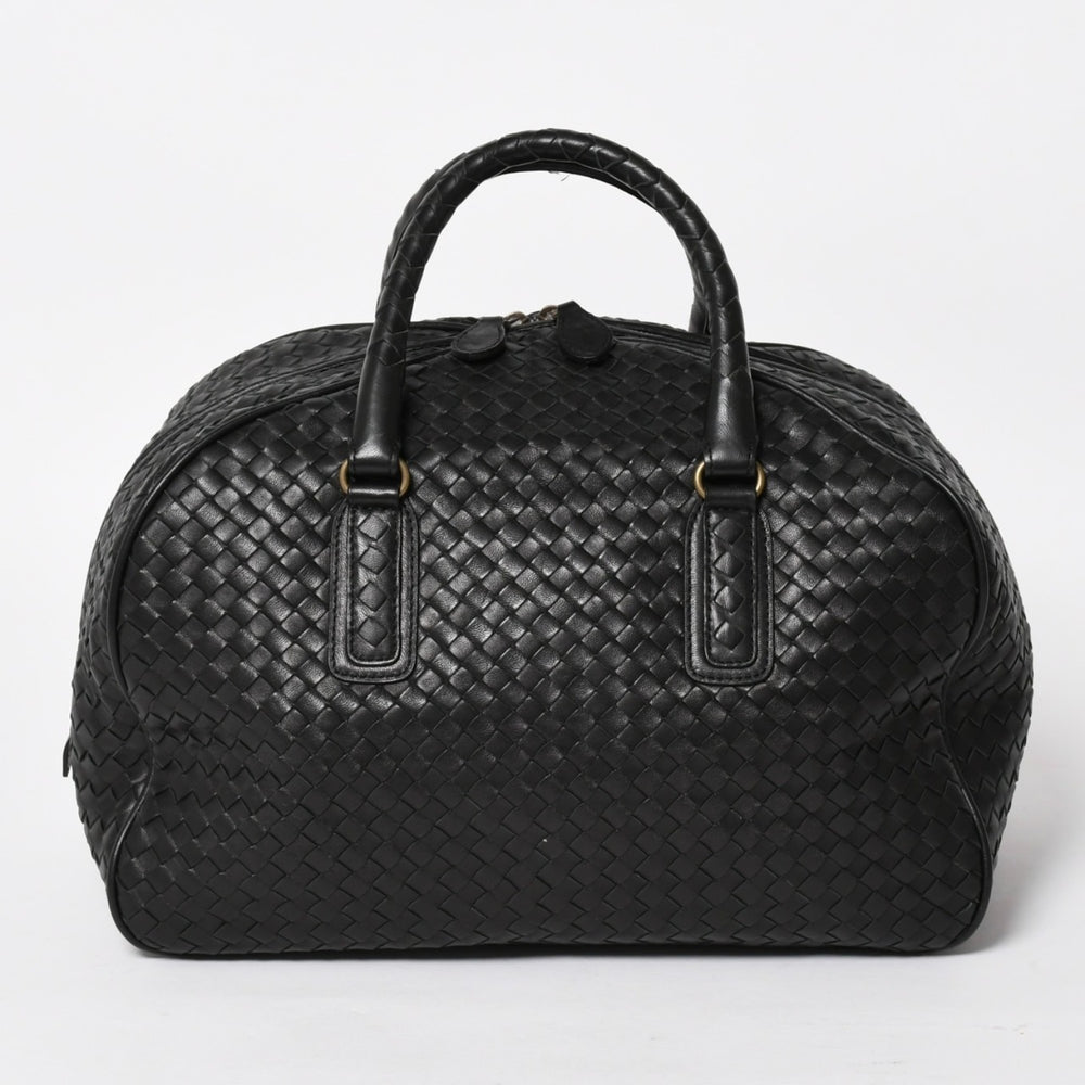 極美品 BOTTEGA VENETA ボッテガヴェネタ ボストンバッグ イントレチャート ミニボストン レザー ブラック ブロンズ金具 中古 4a004627