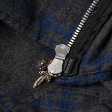 画像をギャラリービューアに読み込む, CHROME HEARTS クロムハーツ ヘイウッド ロングスリーブ ジップアップチェックシャツ ダガー ダークグレー ネイビー 格子柄 シャツジャケット Mサイズ 美品 中古 4a004647
