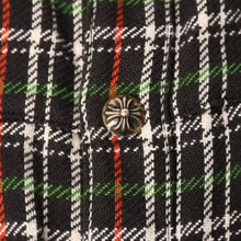 画像をギャラリービューアに読み込む, CHROME HEARTS クロムハーツ ルーズエンド フランネルチェックシャツ クロスボールボタン ブラック レッド ホワイト グリーン シルバー925 CHクロス レザーパッチ Mサイズ 美品 中古 4a004643