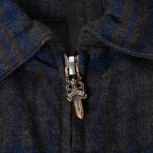 画像をギャラリービューアに読み込む, CHROME HEARTS クロムハーツ ヘイウッド ロングスリーブ ジップアップチェックシャツ ダガー ダークグレー ネイビー 格子柄 シャツジャケット Mサイズ 美品 中古 4a004647