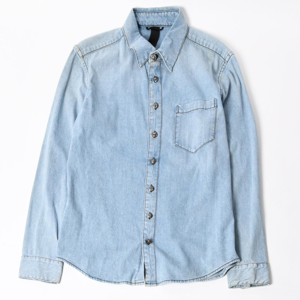 CHROME HEARTS Y NOT Cross Ball Button LAST BITE Denim Shirt Light Blue Denim Shirt M Size Silver 925 Good Used 4a004638