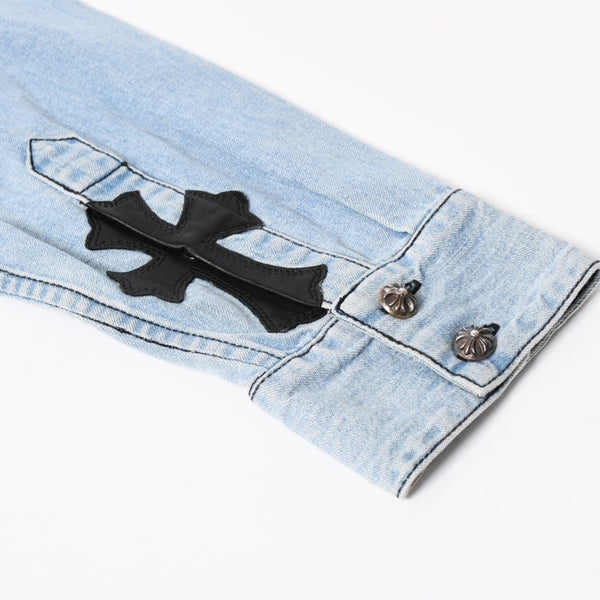 CHROME HEARTS Y NOT Cross Ball Button LAST BITE Denim Shirt Light Blue Denim Shirt M Size Silver 925 Good Used 4a004638