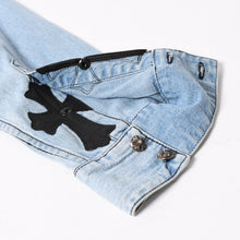 画像をギャラリービューアに読み込む, CHROME HEARTS クロムハーツ Y NOT Cross Ball Button LAST BITE Denim Shirt クロスボールボタン ライトブルー デニムシャツ Mサイズ シルバー925 良品 中古 4a004638