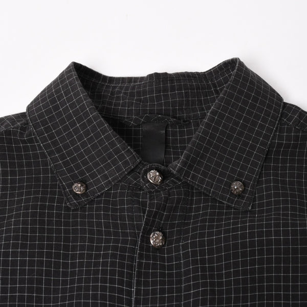 CHROME HEARTS Cross Ball Button Short Sleeve Graph Check Shirt Concho Button Black Gray M Size Plaid Pattern Silver 925 Good Used 4a004650