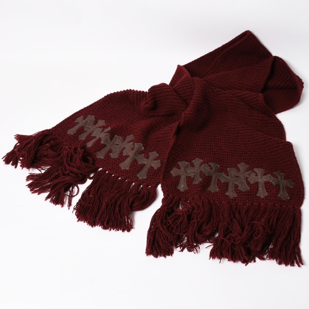 CHROME HEARTS クロムハーツ クロスパッチ カシミア フリンジ マフラー ストール クロスパッチ セメタリークロス レザーパッチ ボルドー カシミア 美品 中古 4a004641