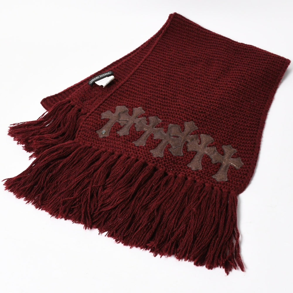 CHROME HEARTS クロムハーツ クロスパッチ カシミア フリンジ マフラー ストール クロスパッチ セメタリークロス レザーパッチ ボルドー カシミア 美品 中古 4a004641