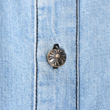 画像をギャラリービューアに読み込む, CHROME HEARTS クロムハーツ Y NOT Cross Ball Button LAST BITE Denim Shirt クロスボールボタン ライトブルー デニムシャツ Mサイズ シルバー925 良品 中古 4a004638