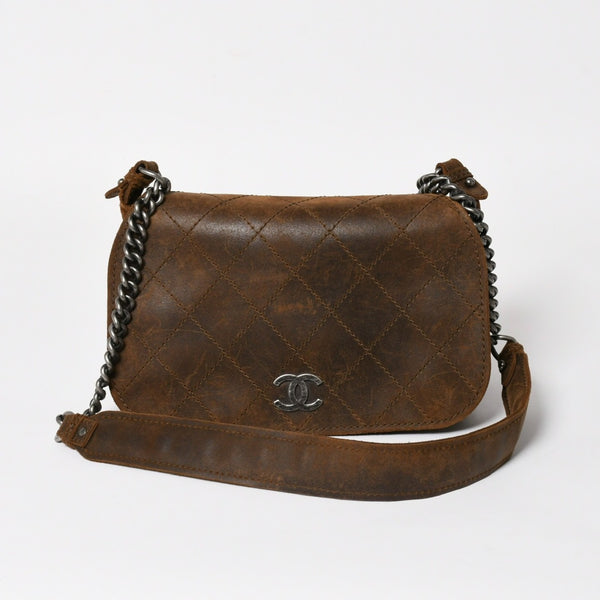 Very Good Condition CHANEL Chain Shoulder Bag No. 18 Coco Mark Suede Brown Antique Silver Hardware Used 4a004667