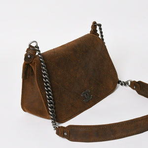 Very Good Condition CHANEL Chain Shoulder Bag No. 18 Coco Mark Suede Brown Antique Silver Hardware Used 4a004667