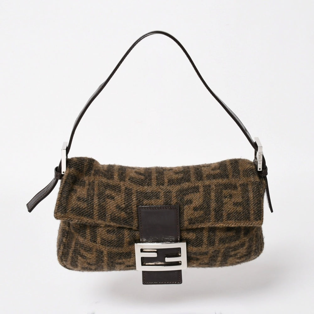 極美品 FENDI フェンディ マンマバケット ワンショルダーバッグ 26424 ズッカ柄 ウール レザー ブラウン 中古 4a004669
