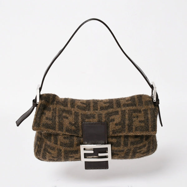 極美品 FENDI フェンディ マンマバケット ワンショルダーバッグ 26424 ズッカ柄 ウール レザー ブラウン 中古 4a004669