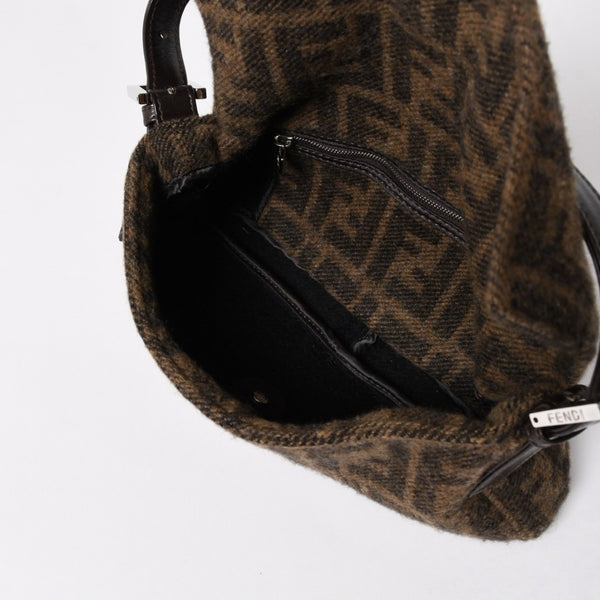 極美品 FENDI フェンディ マンマバケット ワンショルダーバッグ 26424 ズッカ柄 ウール レザー ブラウン 中古 4a004669