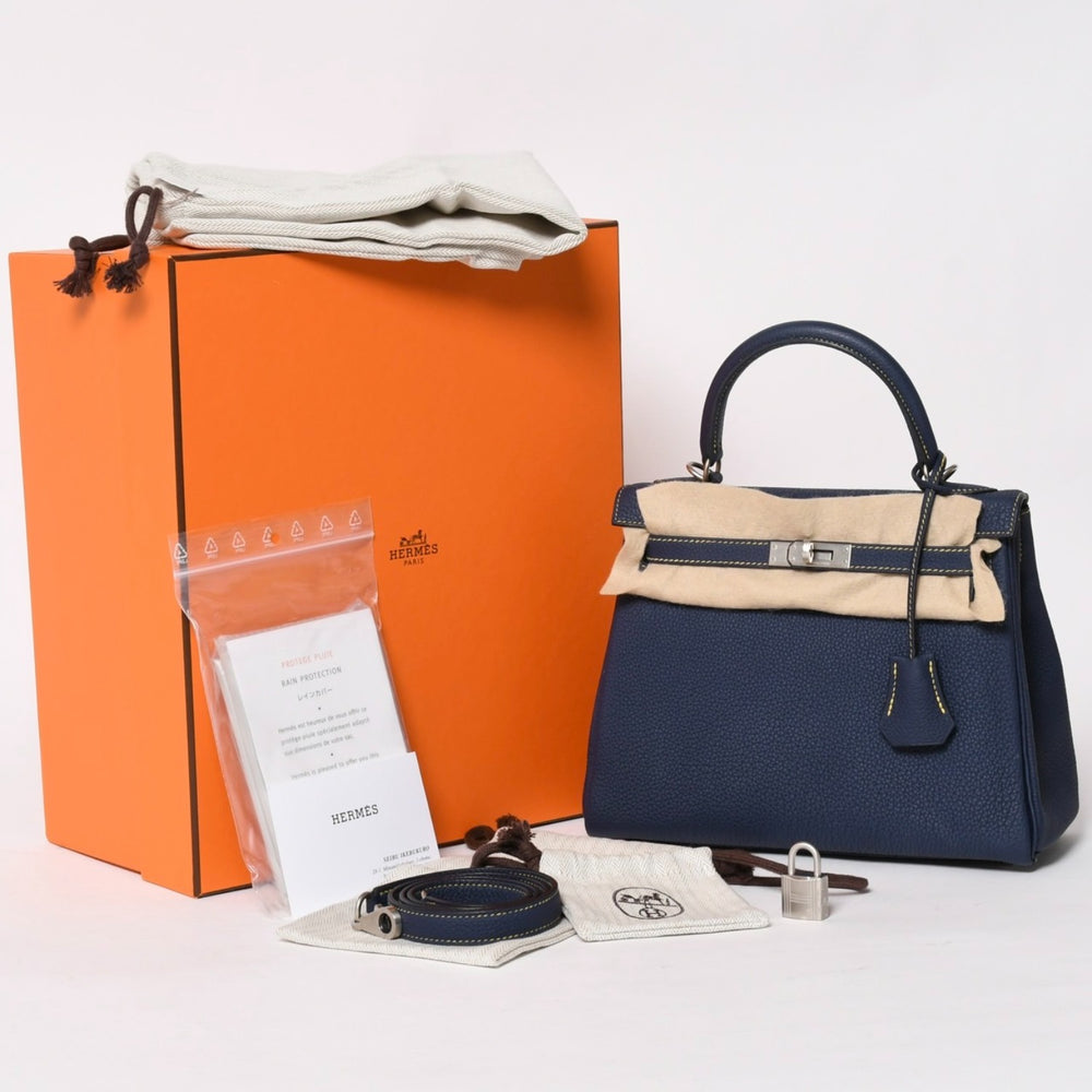 New and unused SPO HERMES KELLY 25 2WAY handbag inner stitching Togo blue ankle yellow matte silver hardware K stamp 4a004689
