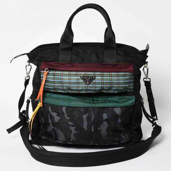極美品 PRADA プラダ テスート メッセンジャーバッグ トートバッグ ブラック 迷彩柄 マルチカラー 2VG040 中古 4a004681