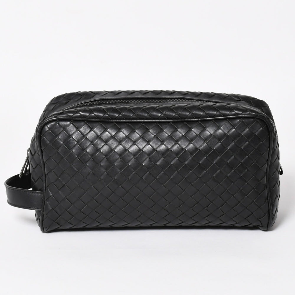 BOTTEGA VENETA ボッテガヴェネタ イントレチャート トラベルポーチ セカンドバッグ ブラック レザー 美品 中古 4a004676