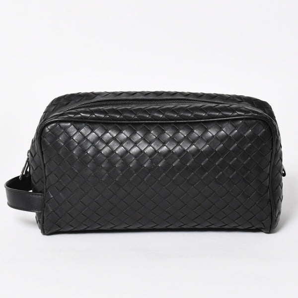 BOTTEGA VENETA ボッテガヴェネタ イントレチャート トラベルポーチ セカンドバッグ ブラック レザー 美品 中古 4a004676