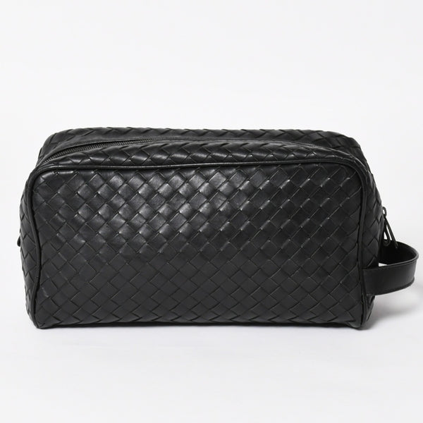 BOTTEGA VENETA ボッテガヴェネタ イントレチャート トラベルポーチ セカンドバッグ ブラック レザー 美品 中古 4a004676