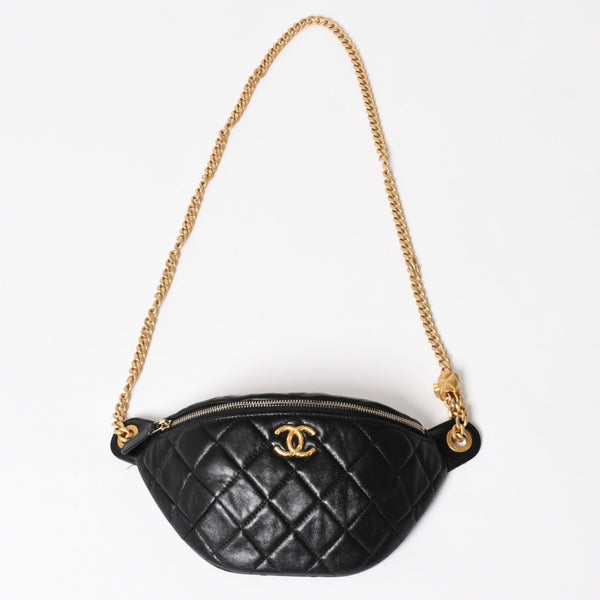 CHANEL シャネル マトラッセ ハートチェーン ウエストバッグ ミニバムバッグ AP3761 ランダム品番 ラムスキン ブラック ゴールド金具 美品 中古 4a004992