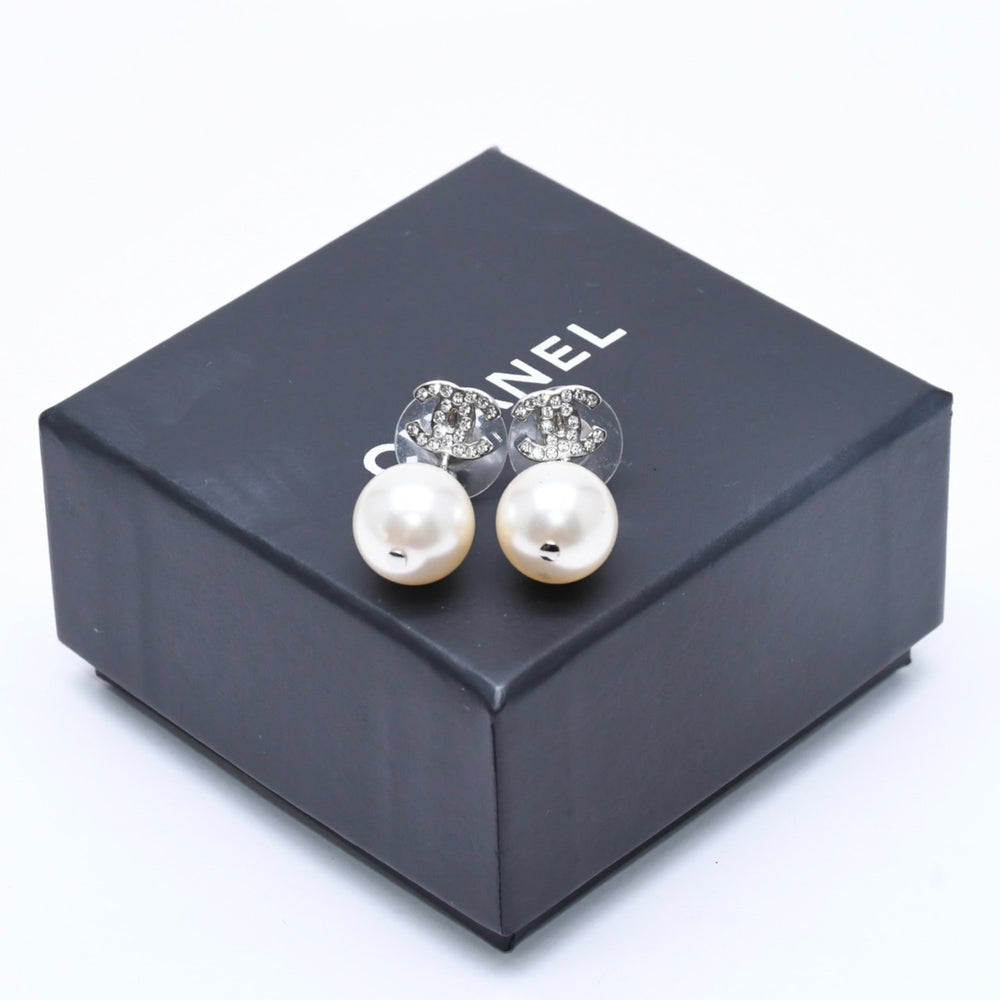極美品 CHANEL シャネル ココマーク ピアス アクセサリー B14V GP ラインストーン パール シルバー 重量6.61g 中古 4a004592