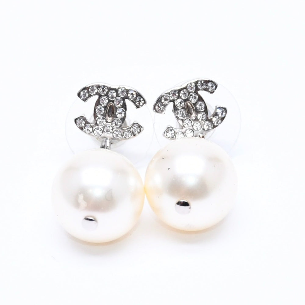極美品 CHANEL シャネル ココマーク ピアス アクセサリー B14V GP ラインストーン パール シルバー 重量6.61g 中古 4a004592