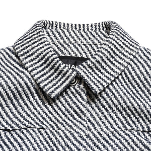 Very Good Condition CHANEL Striped Tweed Stainless Steel Collar Coat P53429V31165 Here Mark Button 3/4 Sleeve White Black Outerwear Black Metal Hardware Used 4a004713