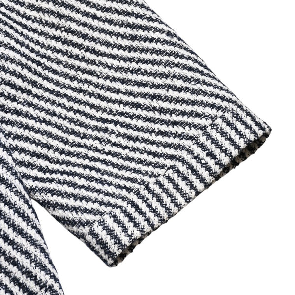 Very Good Condition CHANEL Striped Tweed Stainless Steel Collar Coat P53429V31165 Here Mark Button 3/4 Sleeve White Black Outerwear Black Metal Hardware Used 4a004713