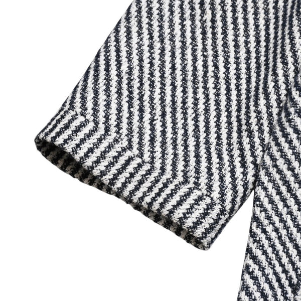 Very Good Condition CHANEL Striped Tweed Stainless Steel Collar Coat P53429V31165 Here Mark Button 3/4 Sleeve White Black Outerwear Black Metal Hardware Used 4a004713