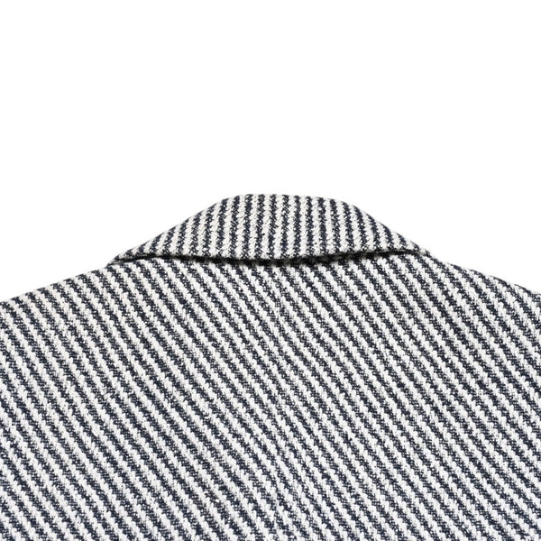 Very Good Condition CHANEL Striped Tweed Stainless Steel Collar Coat P53429V31165 Here Mark Button 3/4 Sleeve White Black Outerwear Black Metal Hardware Used 4a004713
