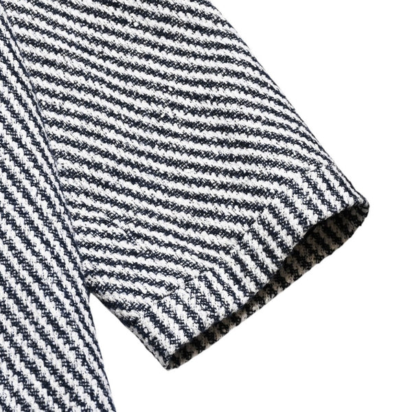 Very Good Condition CHANEL Striped Tweed Stainless Steel Collar Coat P53429V31165 Here Mark Button 3/4 Sleeve White Black Outerwear Black Metal Hardware Used 4a004713